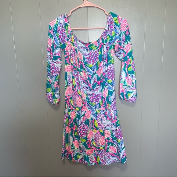 Lilly Pulitzer Off the Shoulder Lana Skort Romper Maldives Green Turtle Wave XXS - Picture 7 of 8